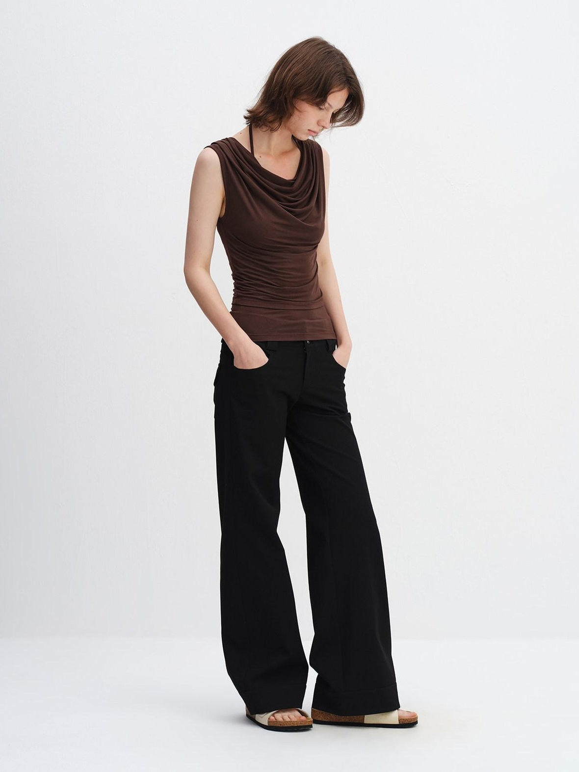 RUN TO THE FUTURE Minimalist Straight Low Waist Zipper Black White Stretch Wide-Leg Pants