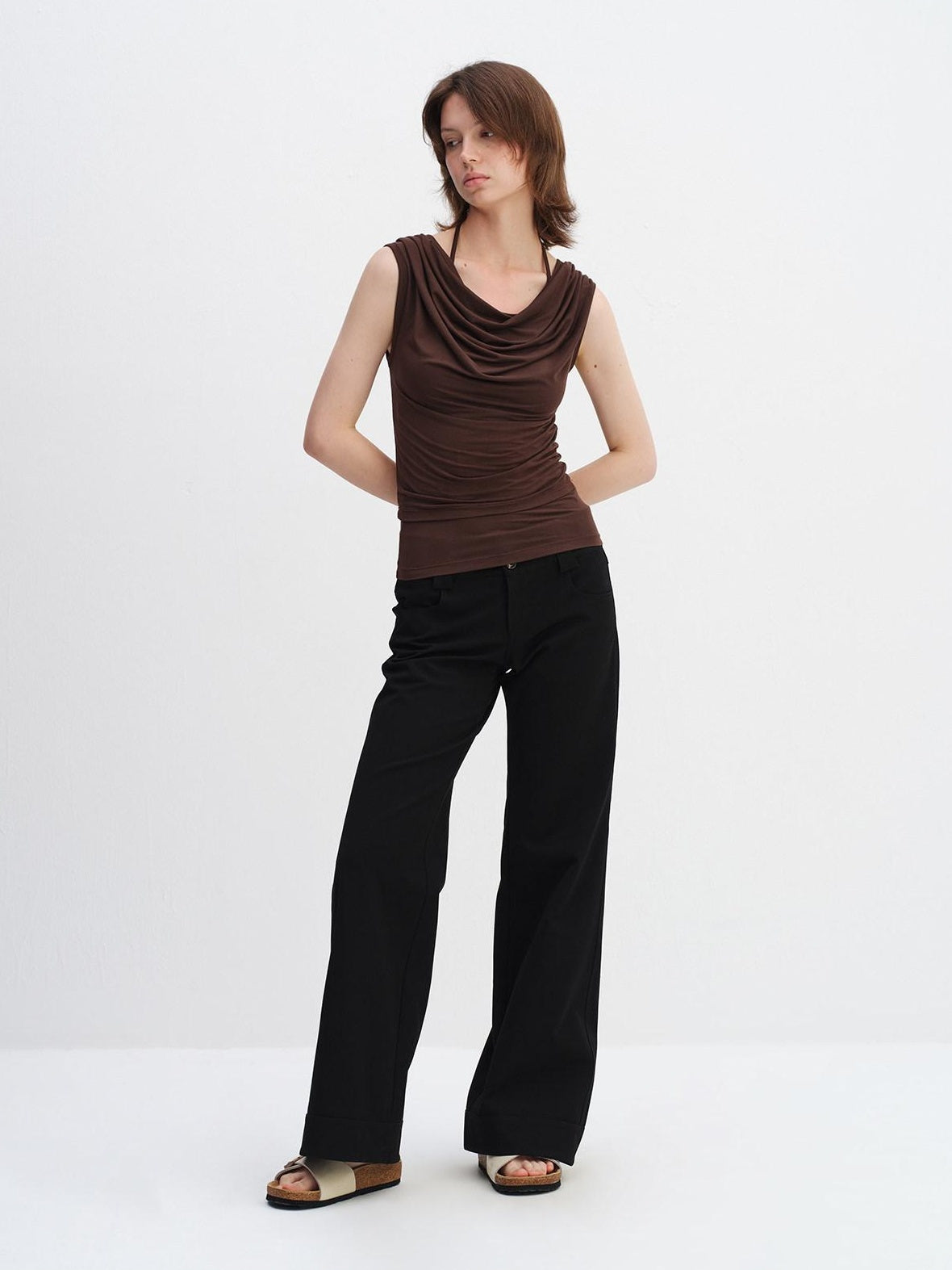 RUN TO THE FUTURE Minimalist Straight Low Waist Zipper Black White Stretch Wide-Leg Pants