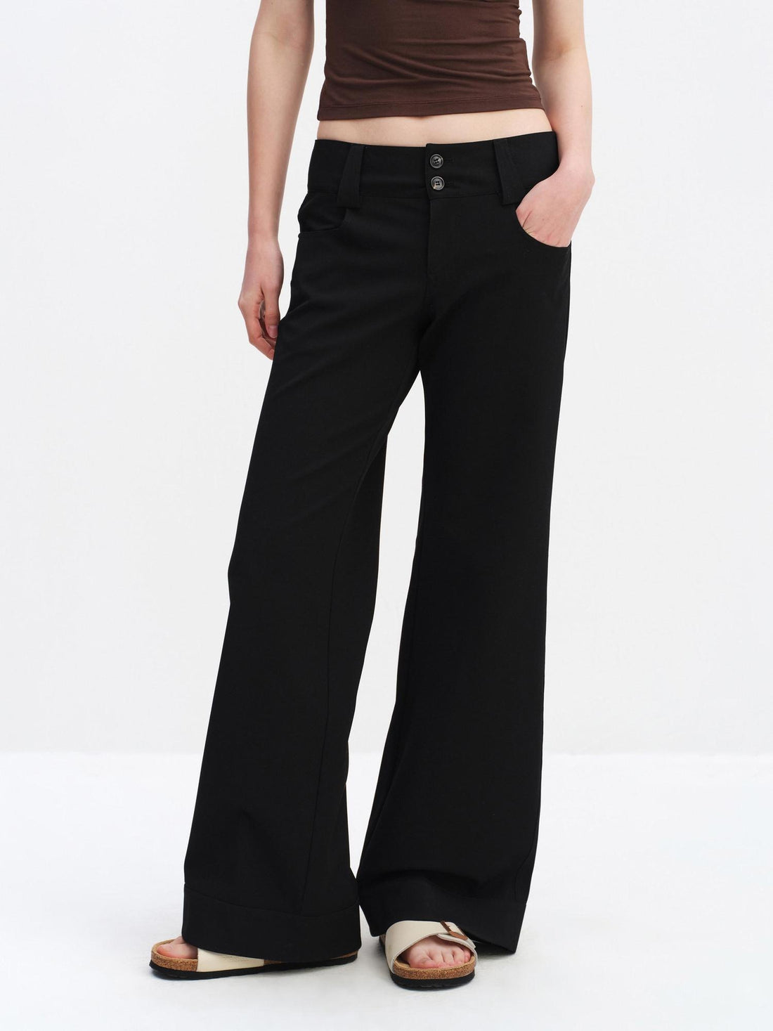 RUN TO THE FUTURE Minimalist Straight Low Waist Zipper Black White Stretch Wide-Leg Pants