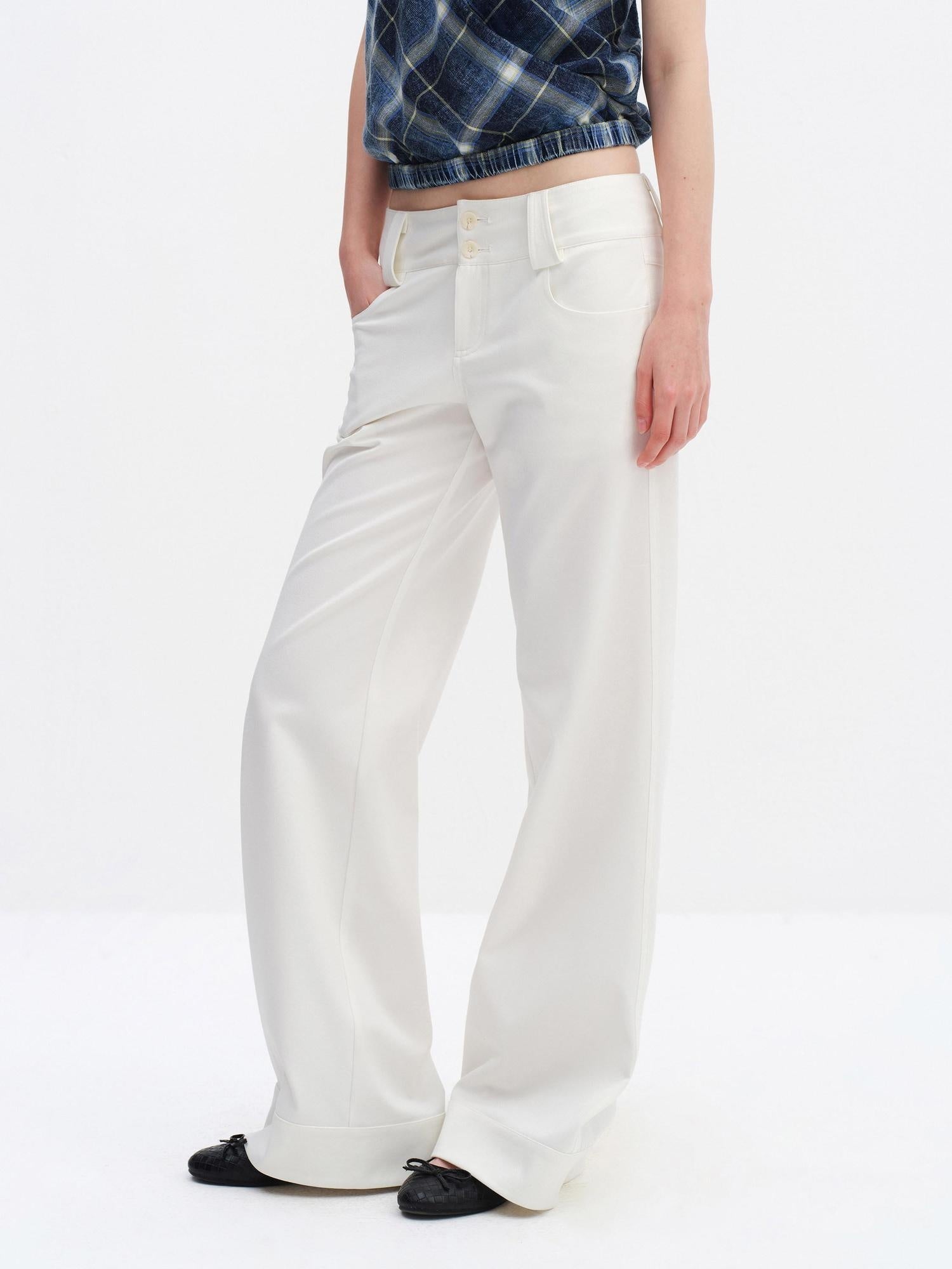 RUN TO THE FUTURE Minimalist Straight Low Waist Zipper Black White Stretch Wide-Leg Pants