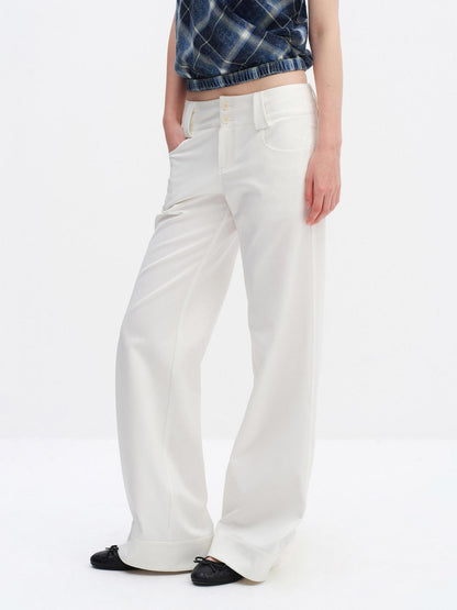RUN TO THE FUTURE Minimalist Straight Low Waist Zipper Black White Stretch Wide-Leg Pants