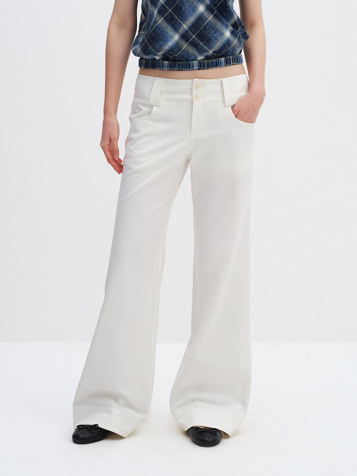 RUN TO THE FUTURE Minimalist Straight Low Waist Zipper Black White Stretch Wide-Leg Pants