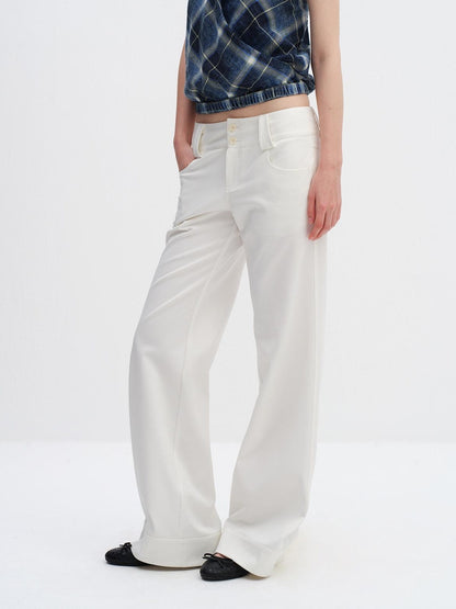 RUN TO THE FUTURE Minimalist Straight Low Waist Zipper Black White Stretch Wide-Leg Pants