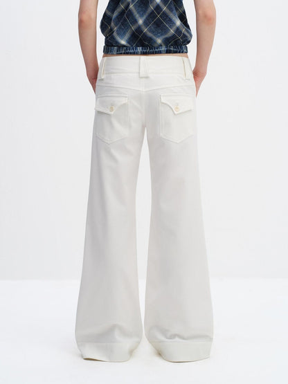 RUN TO THE FUTURE Minimalist Straight Low Waist Zipper Black White Stretch Wide-Leg Pants