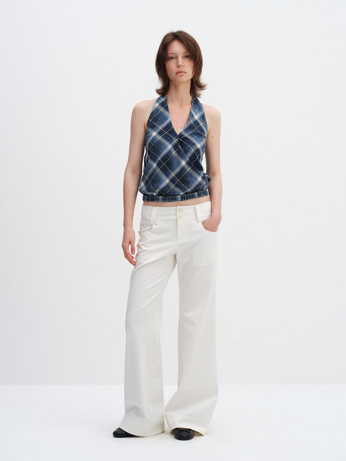 RUN TO THE FUTURE Minimalist Straight Low Waist Zipper Black White Stretch Wide-Leg Pants