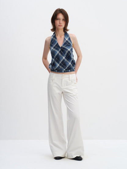 RUN TO THE FUTURE Minimalist Straight Low Waist Zipper Black White Stretch Wide-Leg Pants
