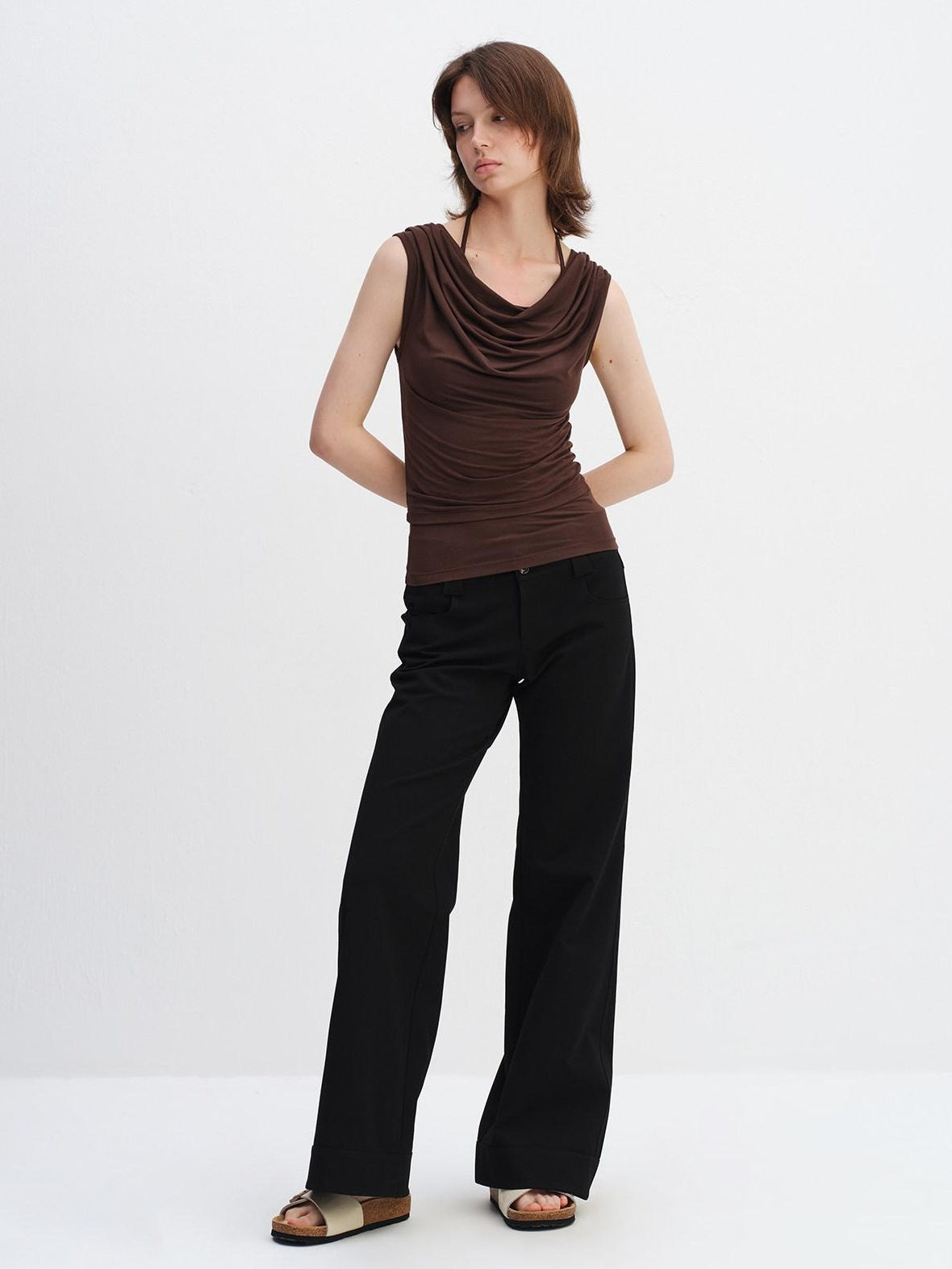 RUN TO THE FUTURE Modal Stretch Slim Fit Minimalist Scoop Neck Women Brown Short Sleeve T-Shirts