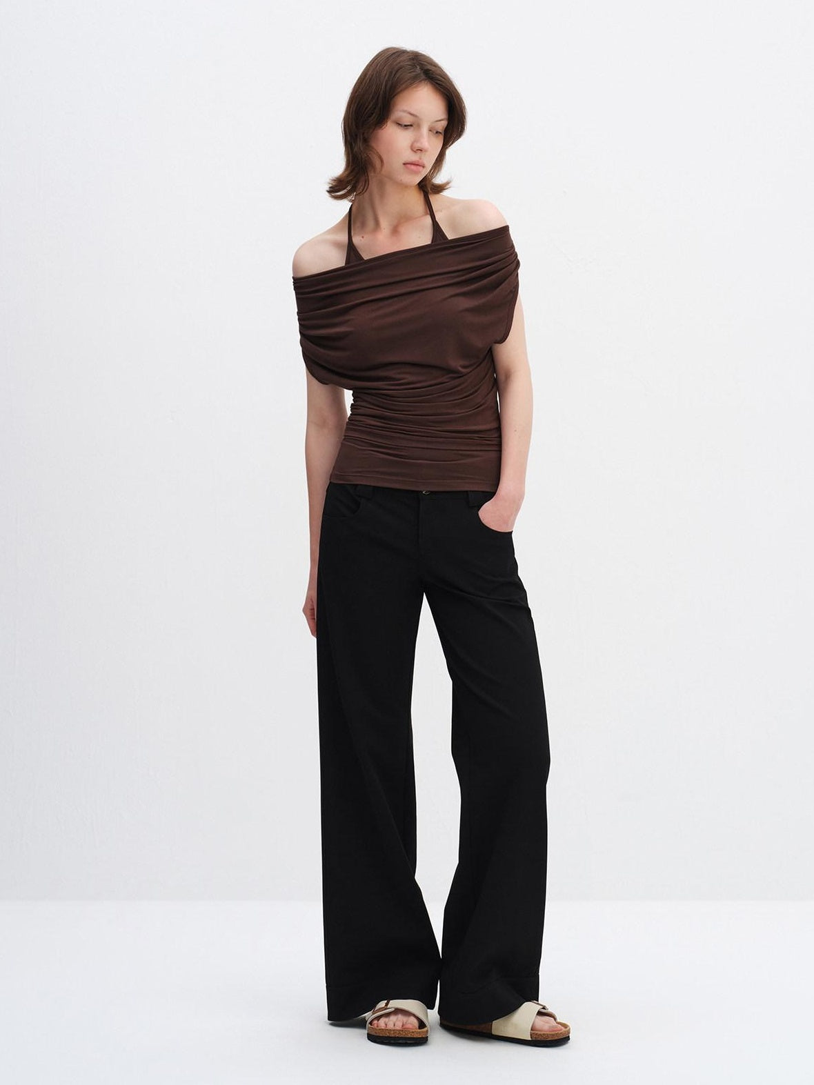 RUN TO THE FUTURE Modal Stretch Slim Fit Minimalist Scoop Neck Women Brown Short Sleeve T-Shirts