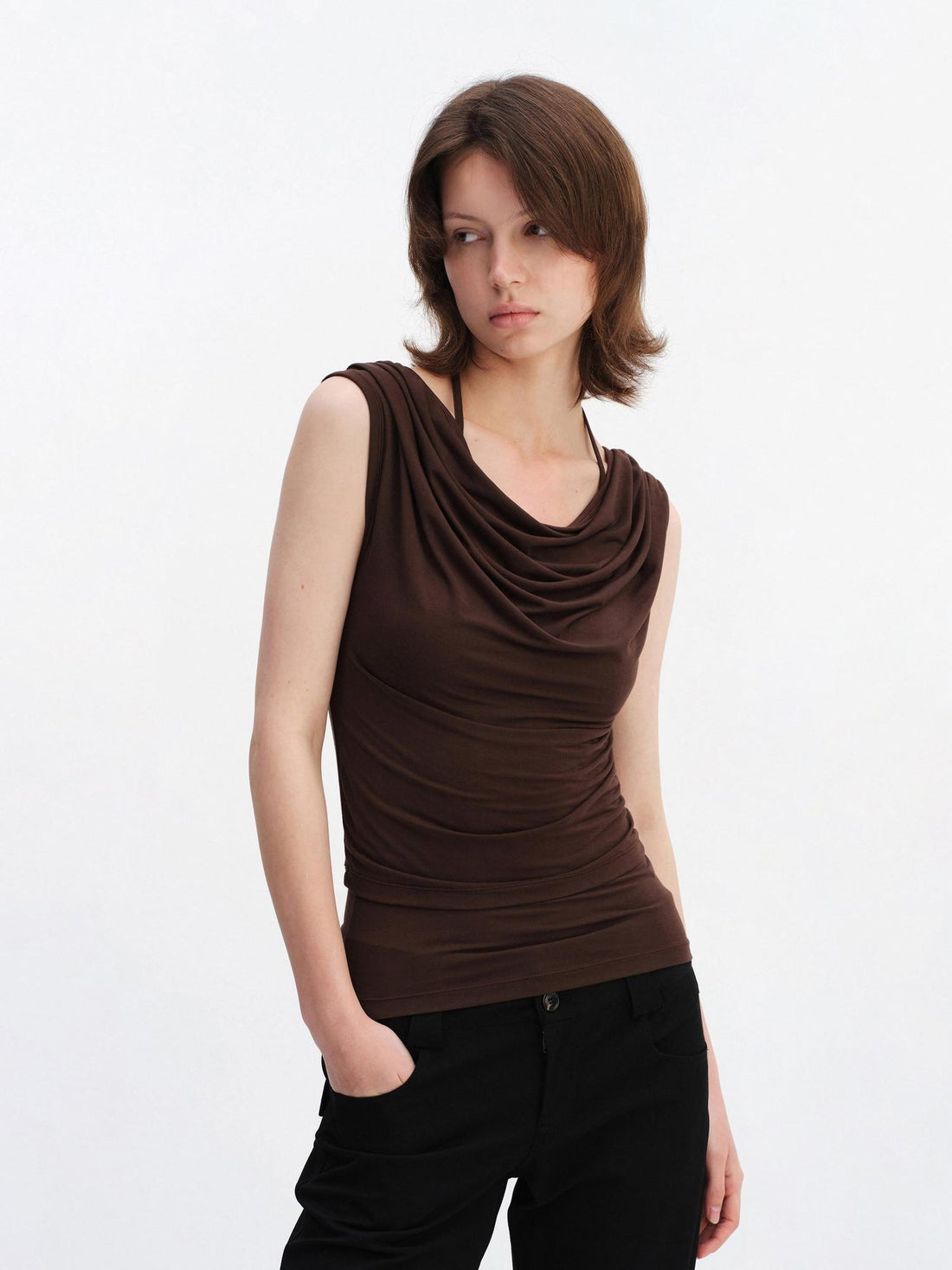 RUN TO THE FUTURE Modal Stretch Slim Fit Minimalist Scoop Neck Women Brown Short Sleeve T-Shirts
