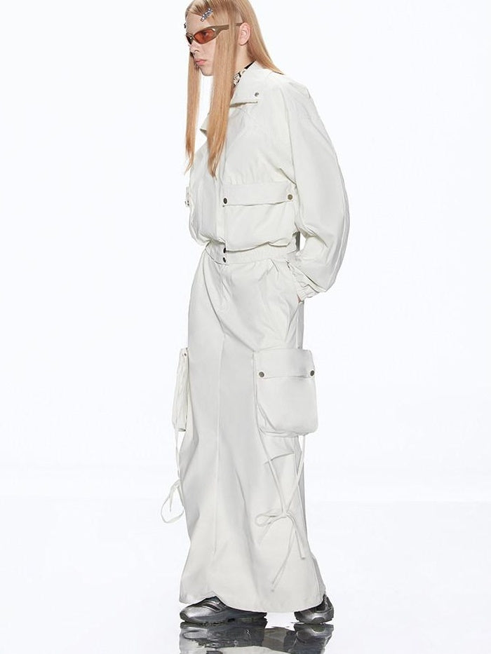 RUN TO THE FUTURE Multiway Detachable Pocket Streetwear A Line Mid Waist Ivory Maxi Skirts
