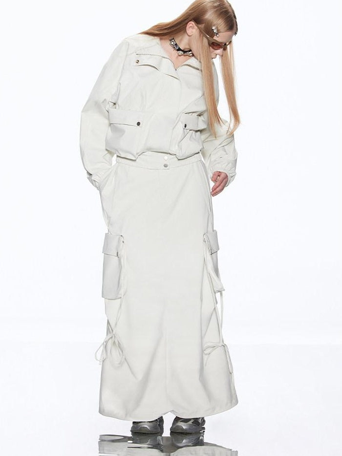 RUN TO THE FUTURE Multiway Detachable Pocket Streetwear A Line Mid Waist Ivory Maxi Skirts