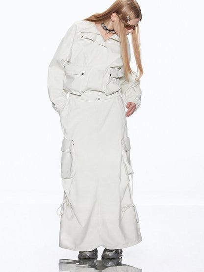 RUN TO THE FUTURE Multiway Detachable Pocket Streetwear A Line Mid Waist Ivory Maxi Skirts