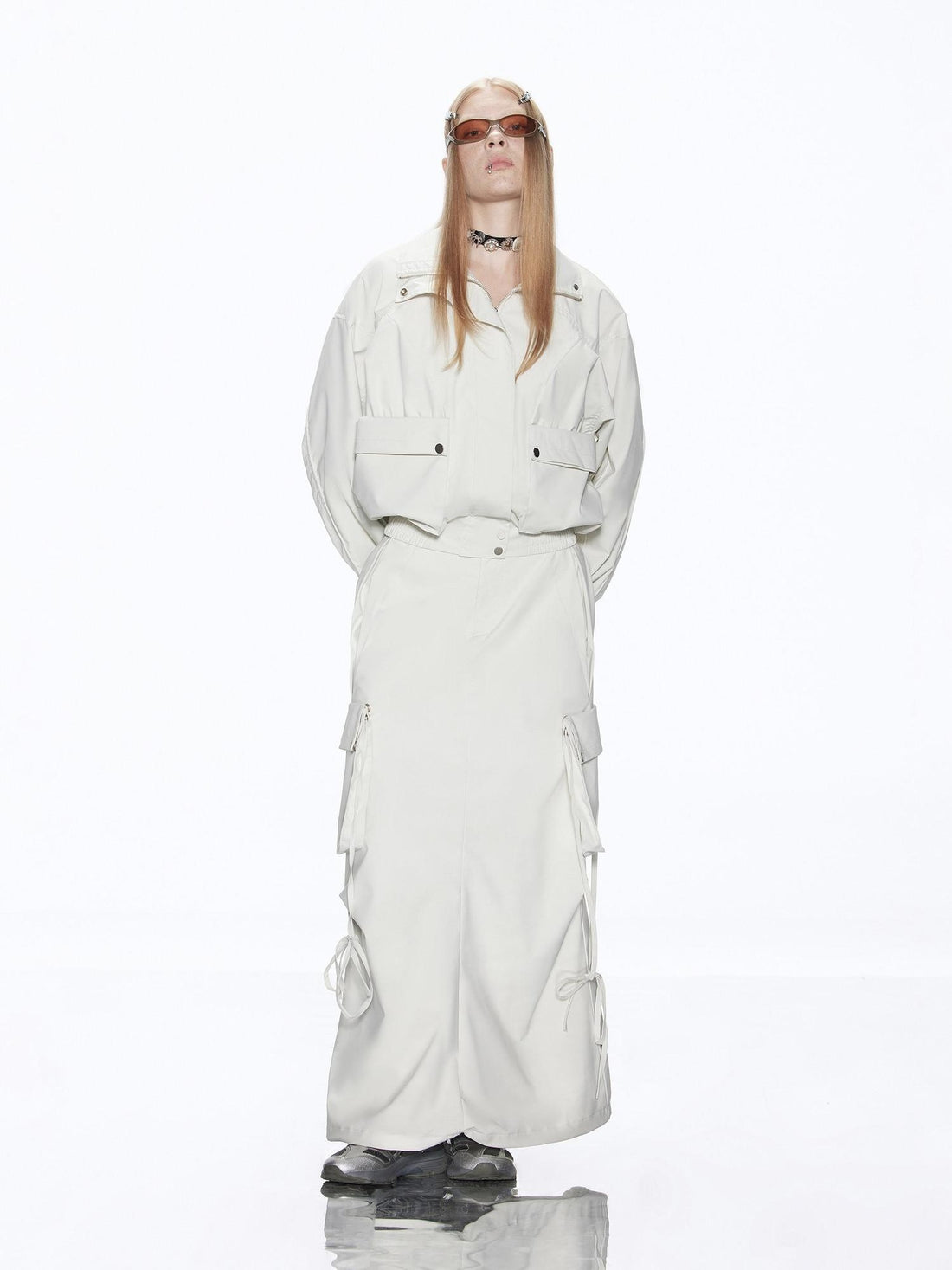 RUN TO THE FUTURE Multiway Detachable Pocket Streetwear A Line Mid Waist Ivory Maxi Skirts