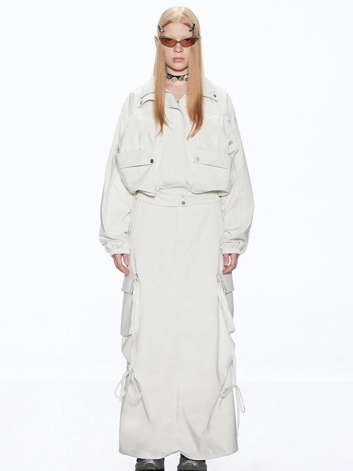 RUN TO THE FUTURE Multiway Detachable Pocket Streetwear A Line Mid Waist Ivory Maxi Skirts