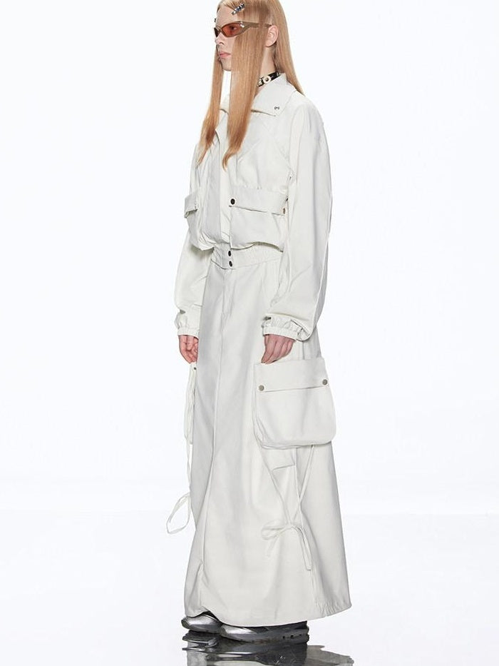 RUN TO THE FUTURE Multiway Detachable Pocket Streetwear A Line Mid Waist Ivory Maxi Skirts