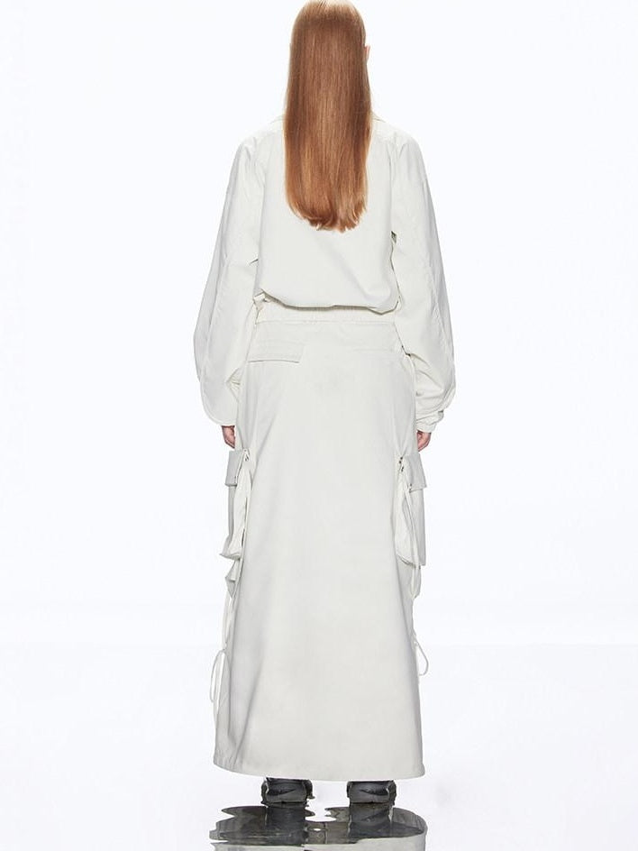 RUN TO THE FUTURE Multiway Detachable Pocket Streetwear A Line Mid Waist Ivory Maxi Skirts