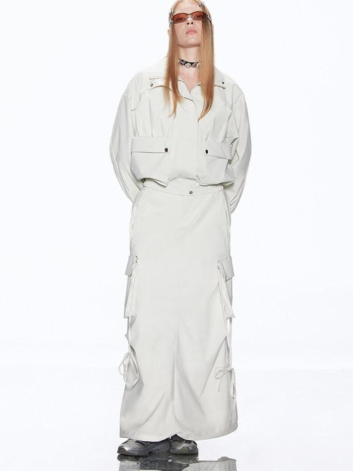 RUN TO THE FUTURE Multiway Detachable Pocket Streetwear A Line Mid Waist Ivory Maxi Skirts