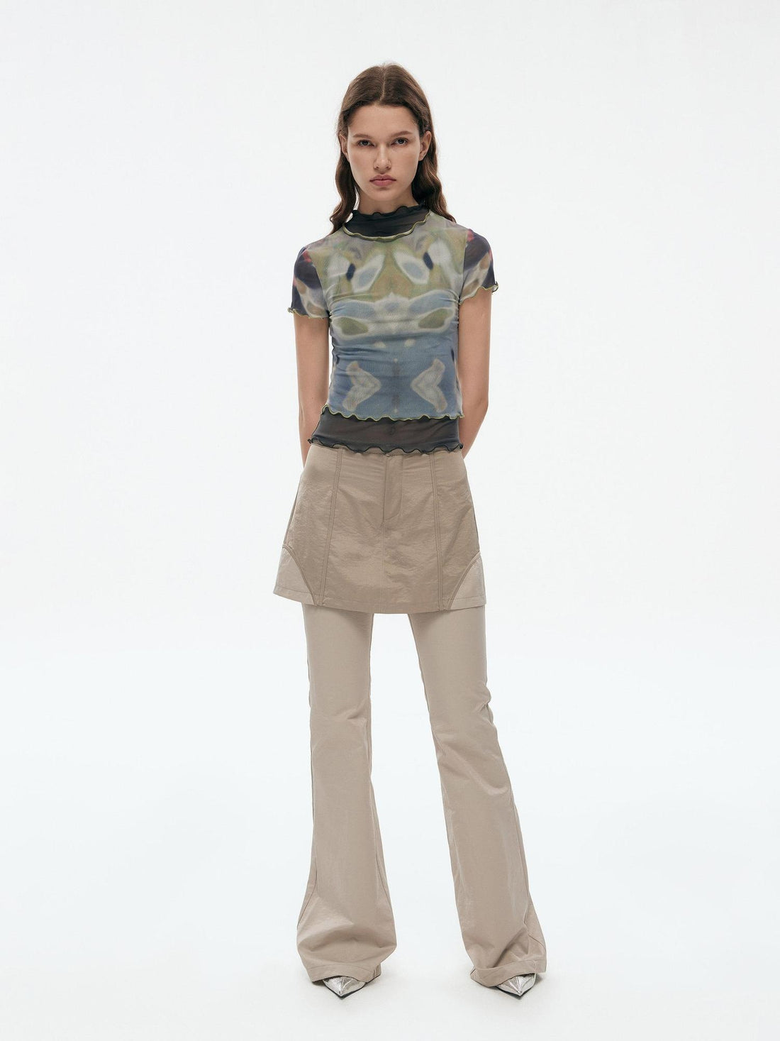 RUN TO THE FUTURE Mystic Sea Solid Stand Collar Long Sleeve Workwear Stretch Polyester Crop Tops