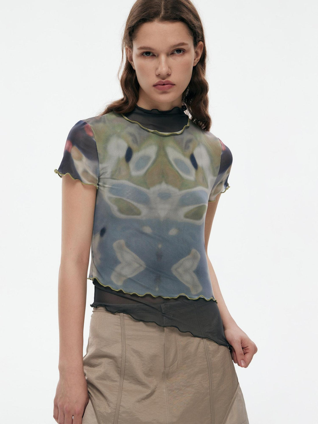 RUN TO THE FUTURE Mystic Sea Solid Stand Collar Long Sleeve Workwear Stretch Polyester Crop Tops