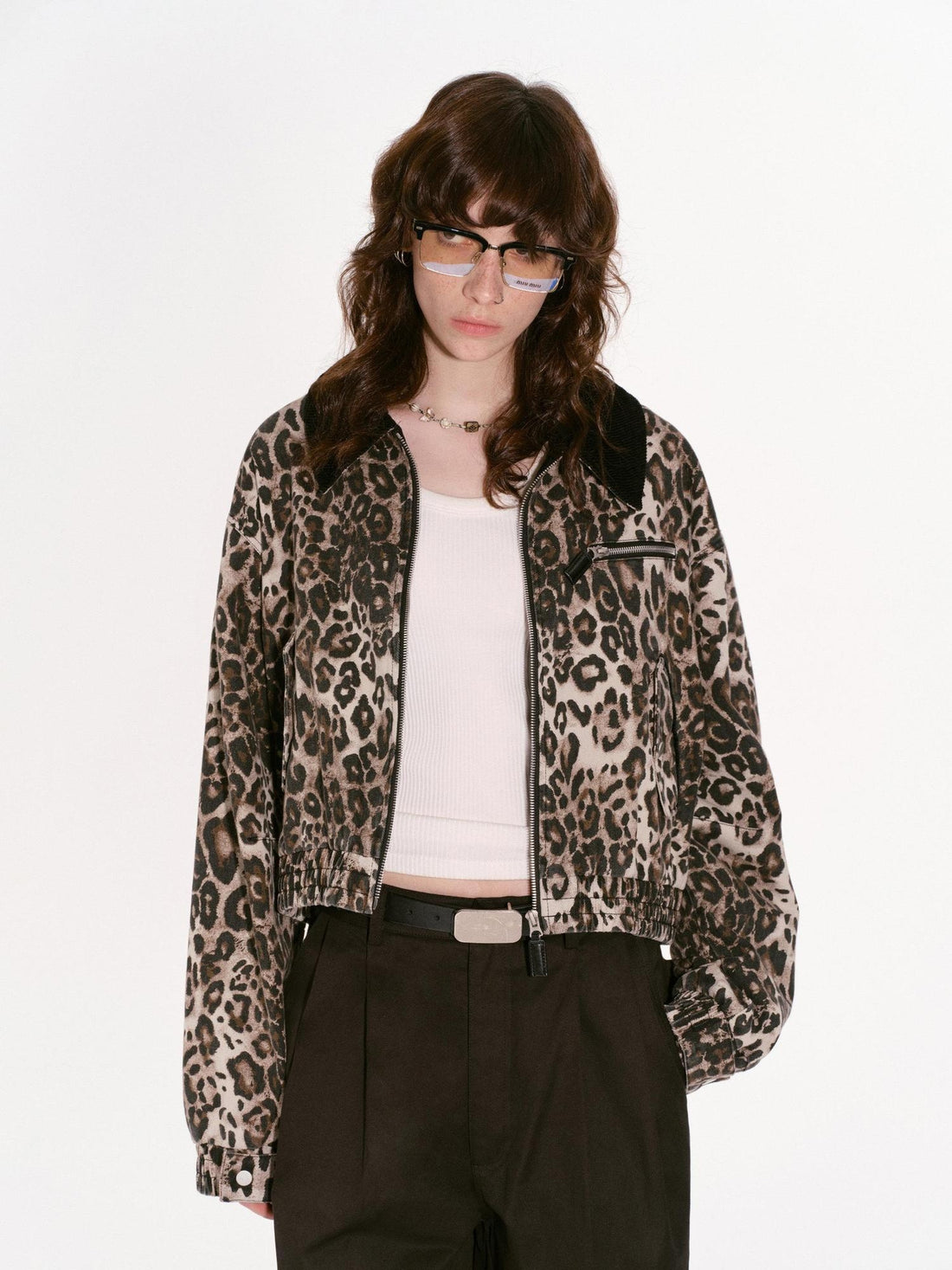 RUN TO THE FUTURE Original Design Oversized Cropped Leopard Print Cotton Zip Front Unisex Jackets