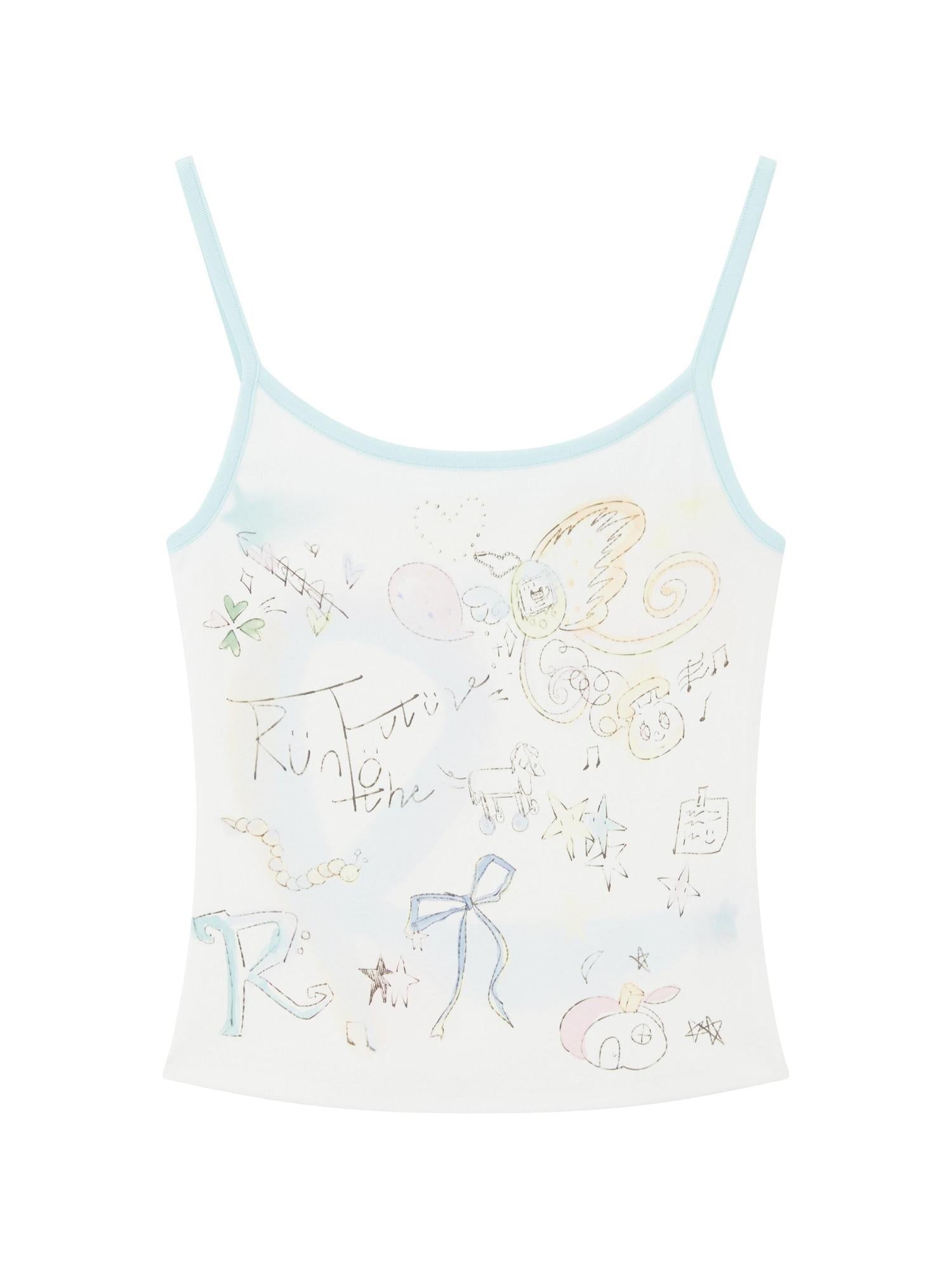 RUN TO THE FUTURE Original Design Slim Fit Cotton Blend Women Watercolor Graffiti Print Camisoles