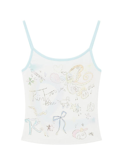 RUN TO THE FUTURE Original Design Slim Fit Cotton Blend Women Watercolor Graffiti Print Camisoles