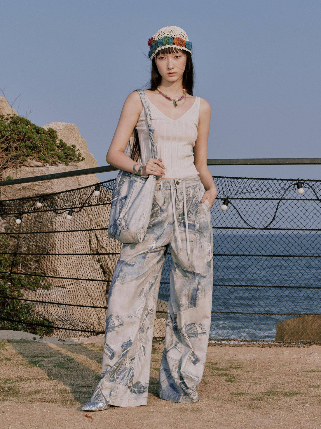 RUN TO THE FUTURE Original Distressed 100% Cotton Natural Waist Women Denim Wide-Leg Jeans