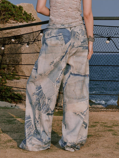RUN TO THE FUTURE Original Distressed 100% Cotton Natural Waist Women Denim Wide-Leg Jeans