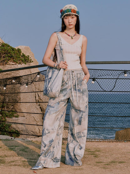 RUN TO THE FUTURE Original Distressed 100% Cotton Natural Waist Women Denim Wide-Leg Jeans