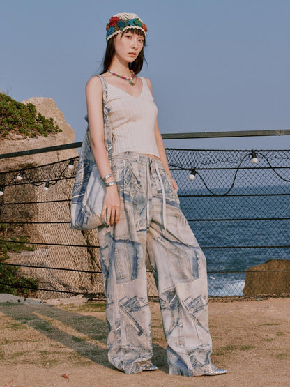 RUN TO THE FUTURE Original Distressed 100% Cotton Natural Waist Women Denim Wide-Leg Jeans