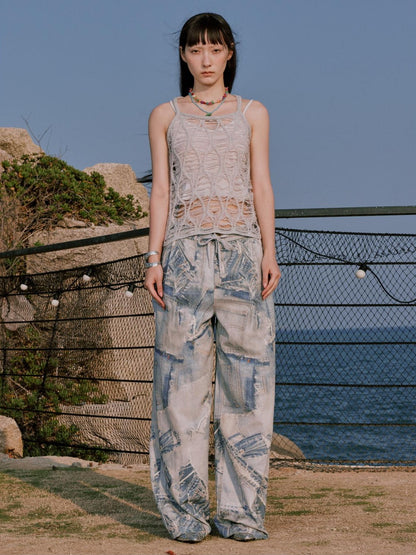 RUN TO THE FUTURE Original Distressed 100% Cotton Natural Waist Women Denim Wide-Leg Jeans