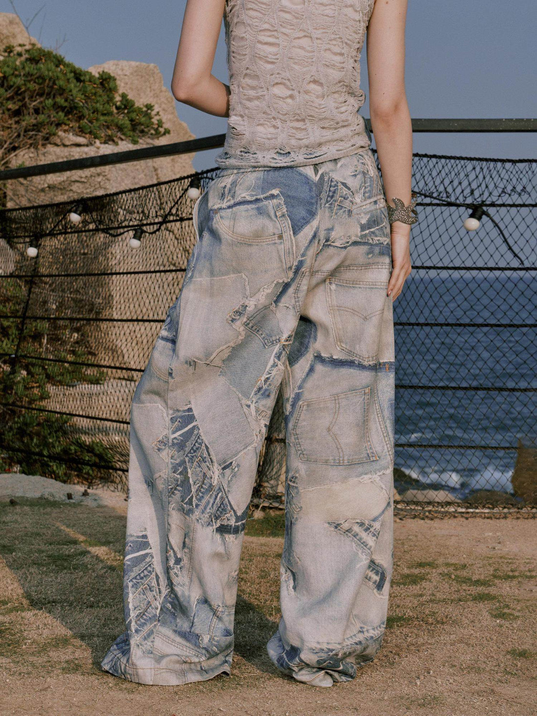 RUN TO THE FUTURE Original Distressed 100% Cotton Natural Waist Women Denim Wide-Leg Jeans