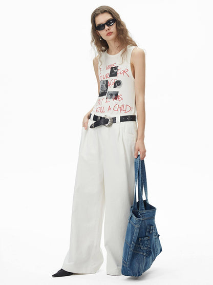 RUN TO THE FUTURE Original Loose Racerback Airy Hand Painted Off White Viscose Women Tank Tops