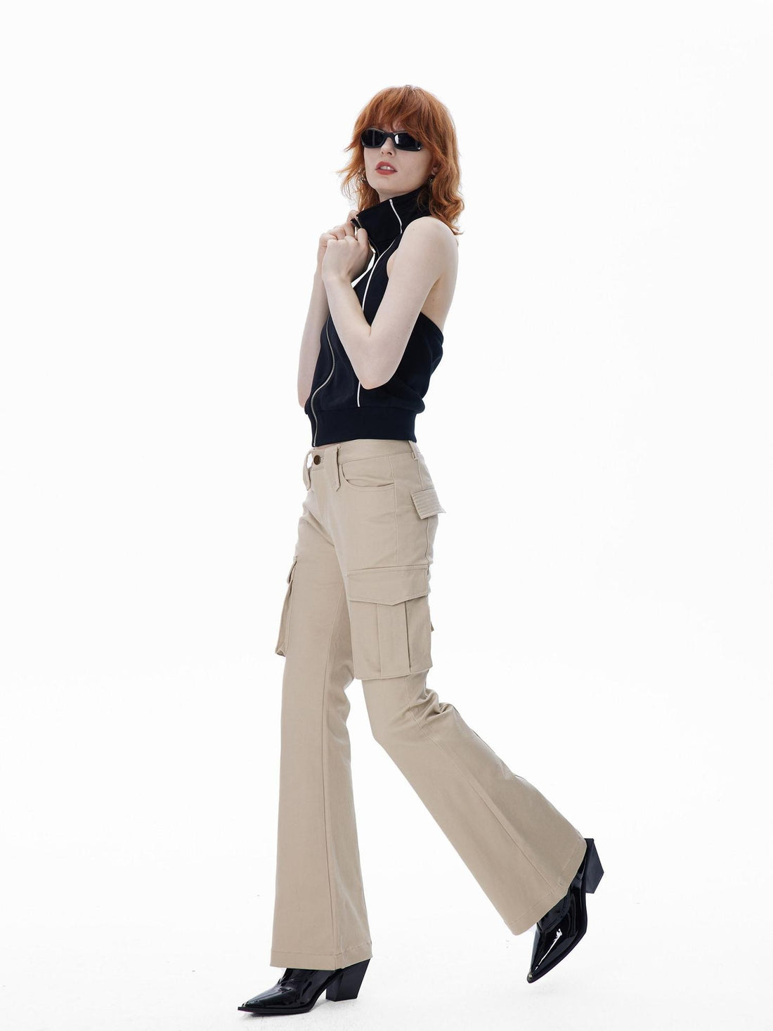 RUN TO THE FUTURE Original Low Rise Micro Flare Pocket Cotton Blend Gray Women Flare Pants