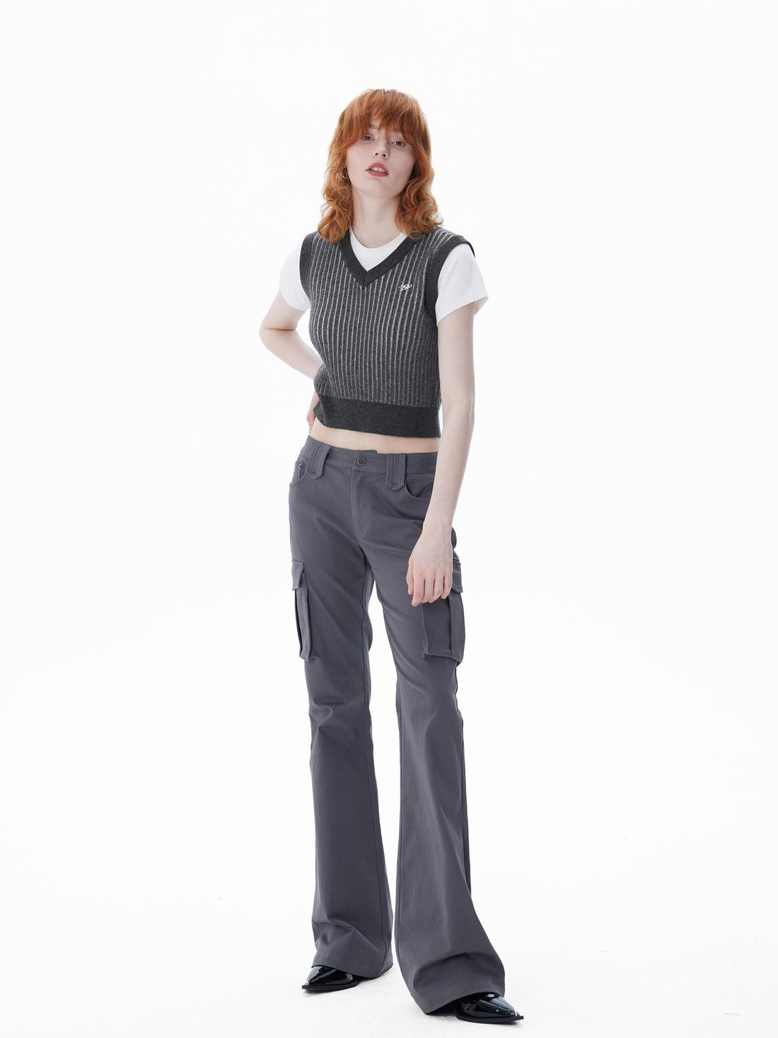 RUN TO THE FUTURE Original Low Rise Micro Flare Pocket Cotton Blend Gray Women Flare Pants