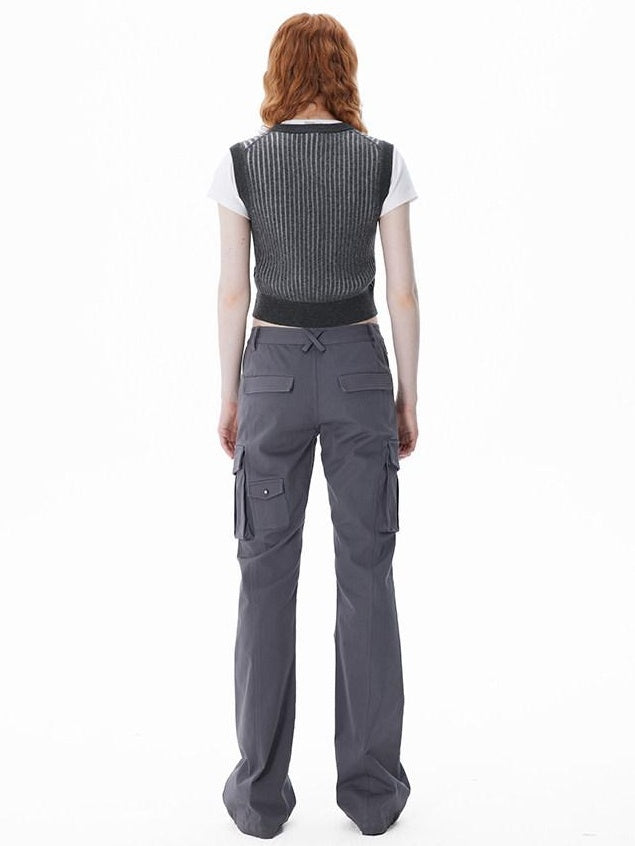 RUN TO THE FUTURE Original Low Rise Micro Flare Pocket Cotton Blend Gray Women Flare Pants