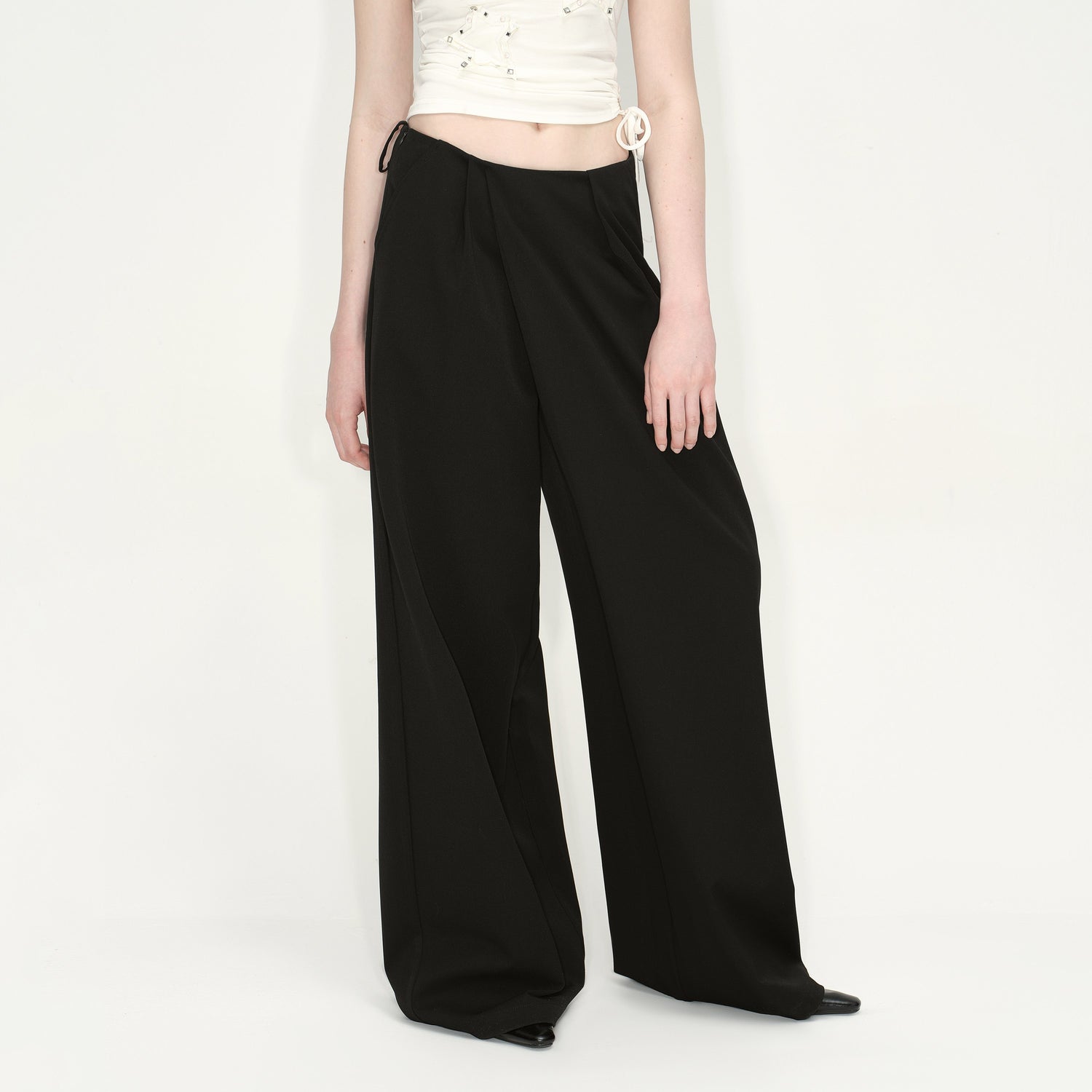 RUN TO THE FUTURE Original Minimal Low Rise Pocket Black Stretch Rayon Blend Women Wide-Leg Pants