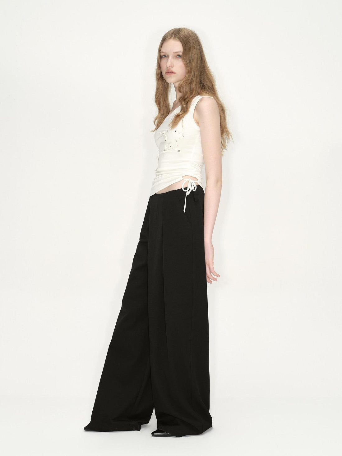 RUN TO THE FUTURE Original Minimal Low Rise Pocket Black Stretch Rayon Blend Women Wide-Leg Pants