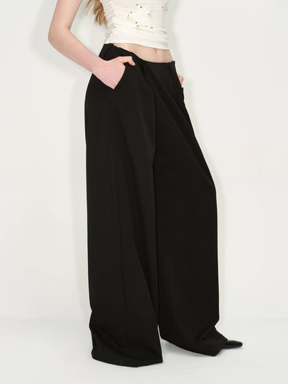 RUN TO THE FUTURE Original Minimal Low Rise Pocket Black Stretch Rayon Blend Women Wide-Leg Pants