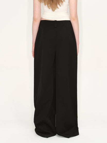 RUN TO THE FUTURE Original Minimal Low Rise Pocket Black Stretch Rayon Blend Women Wide-Leg Pants