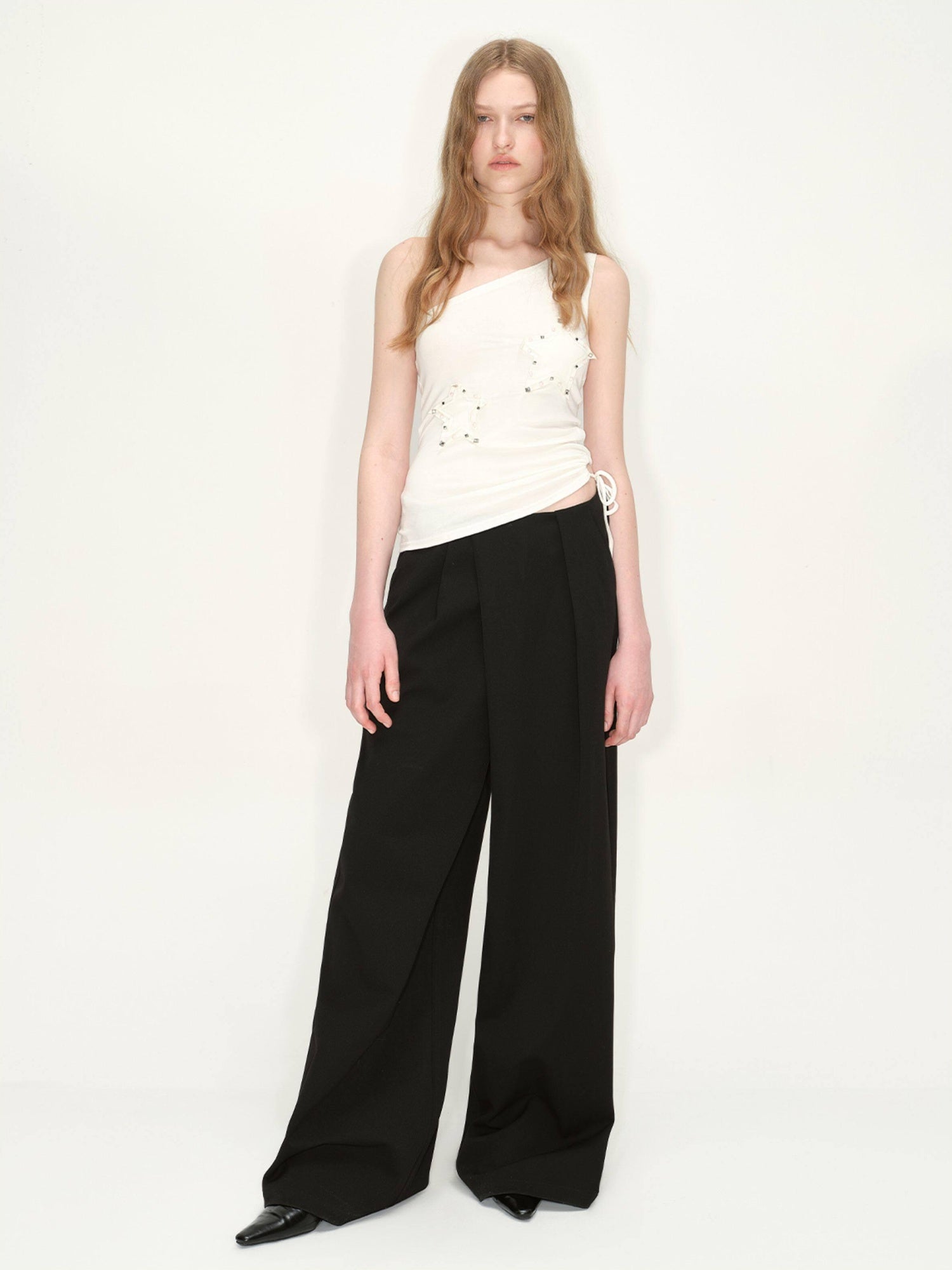 RUN TO THE FUTURE Original Minimal Low Rise Pocket Black Stretch Rayon Blend Women Wide-Leg Pants