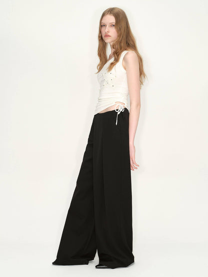 RUN TO THE FUTURE Original Minimal Low Rise Pocket Black Stretch Rayon Blend Women Wide-Leg Pants