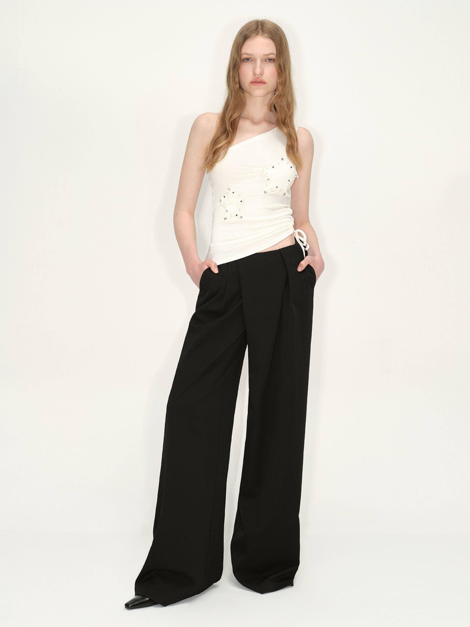 RUN TO THE FUTURE Original Minimal Low Rise Pocket Black Stretch Rayon Blend Women Wide-Leg Pants