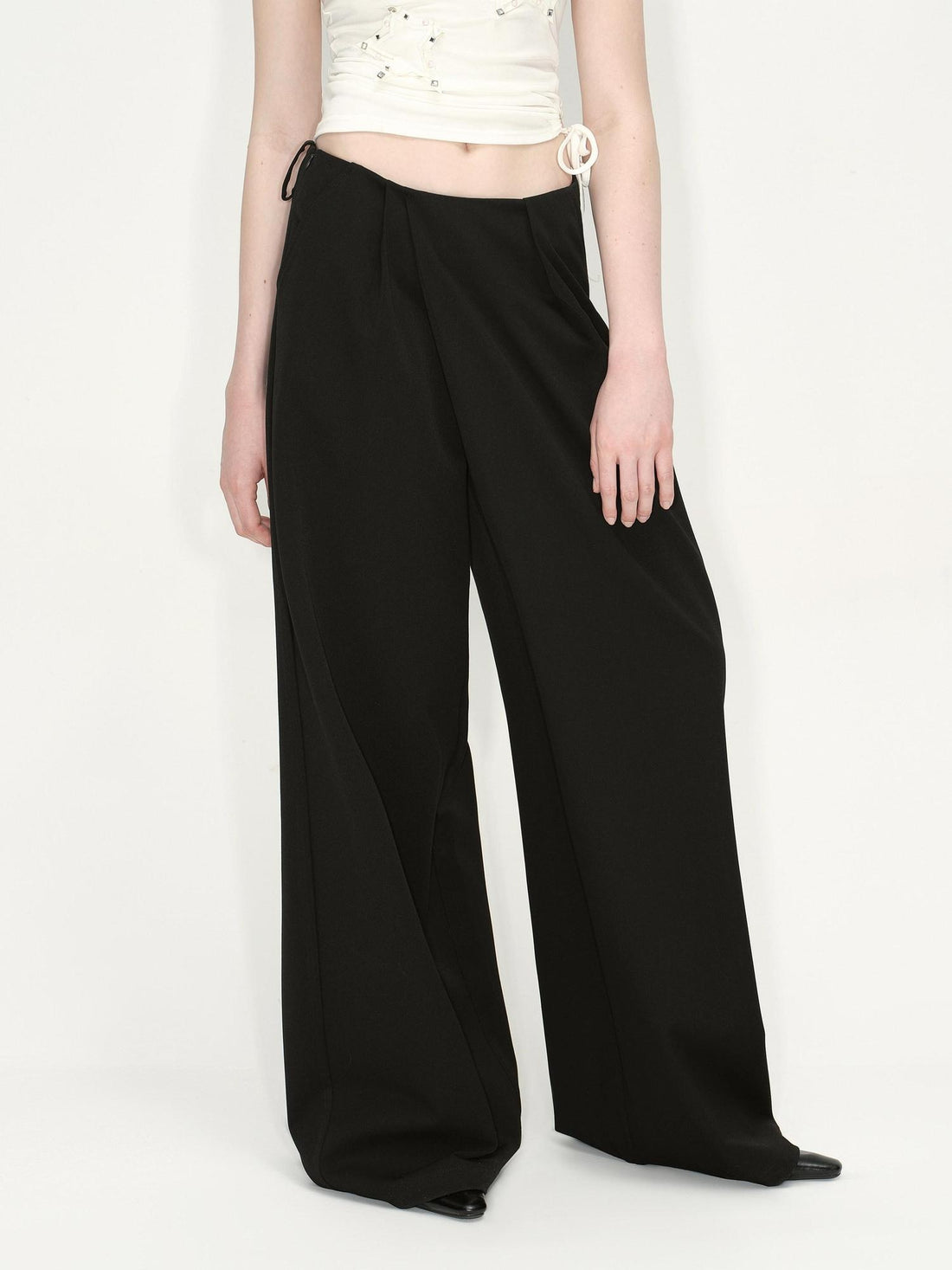 RUN TO THE FUTURE Original Minimal Low Rise Pocket Black Stretch Rayon Blend Women Wide-Leg Pants