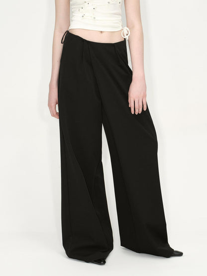 RUN TO THE FUTURE Original Minimal Low Rise Pocket Black Stretch Rayon Blend Women Wide-Leg Pants