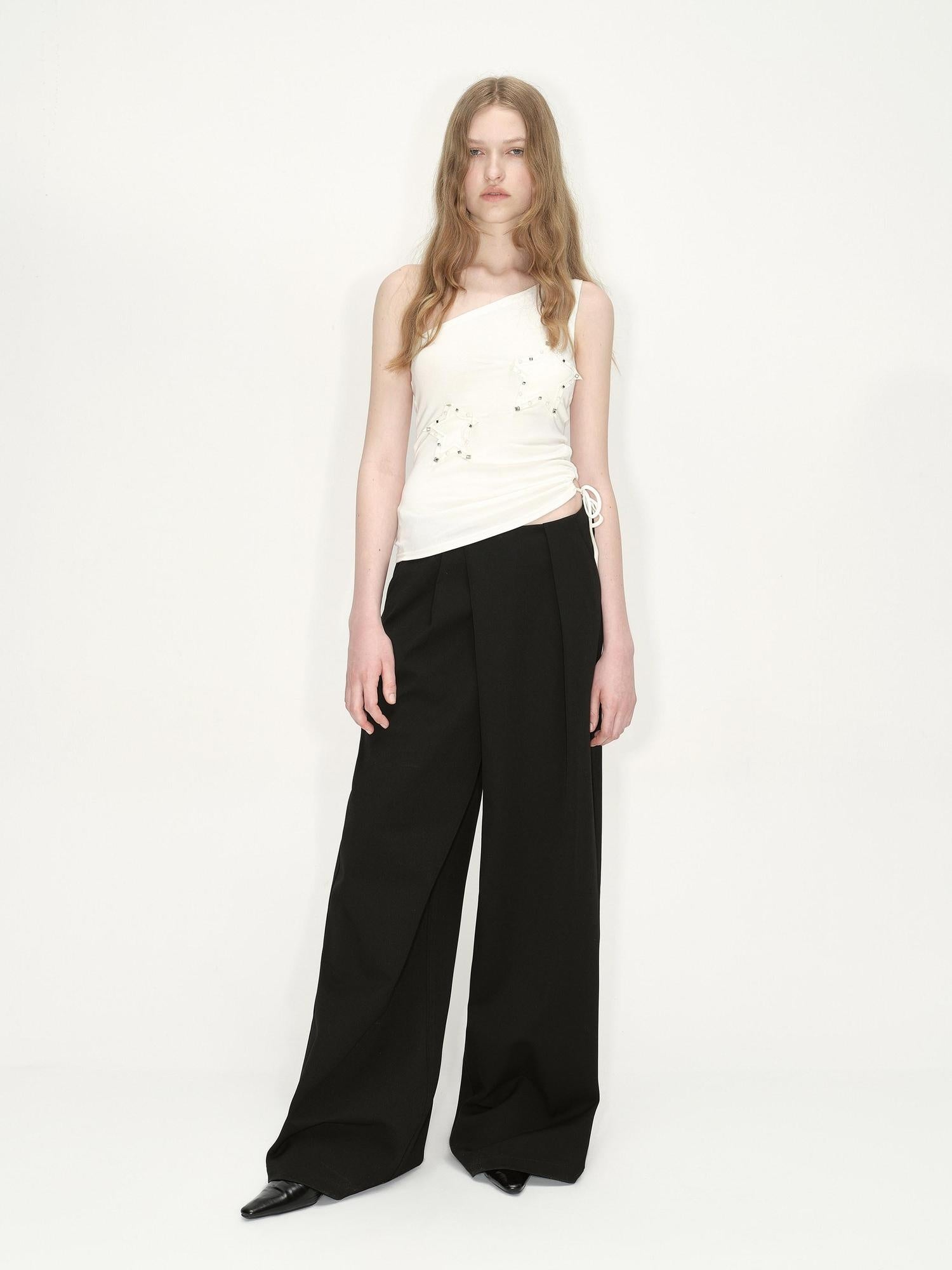 RUN TO THE FUTURE Original Minimal Low Rise Pocket Black Stretch Rayon Blend Women Wide-Leg Pants