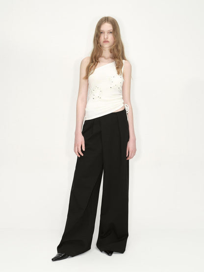RUN TO THE FUTURE Original Minimal Low Rise Pocket Black Stretch Rayon Blend Women Wide-Leg Pants