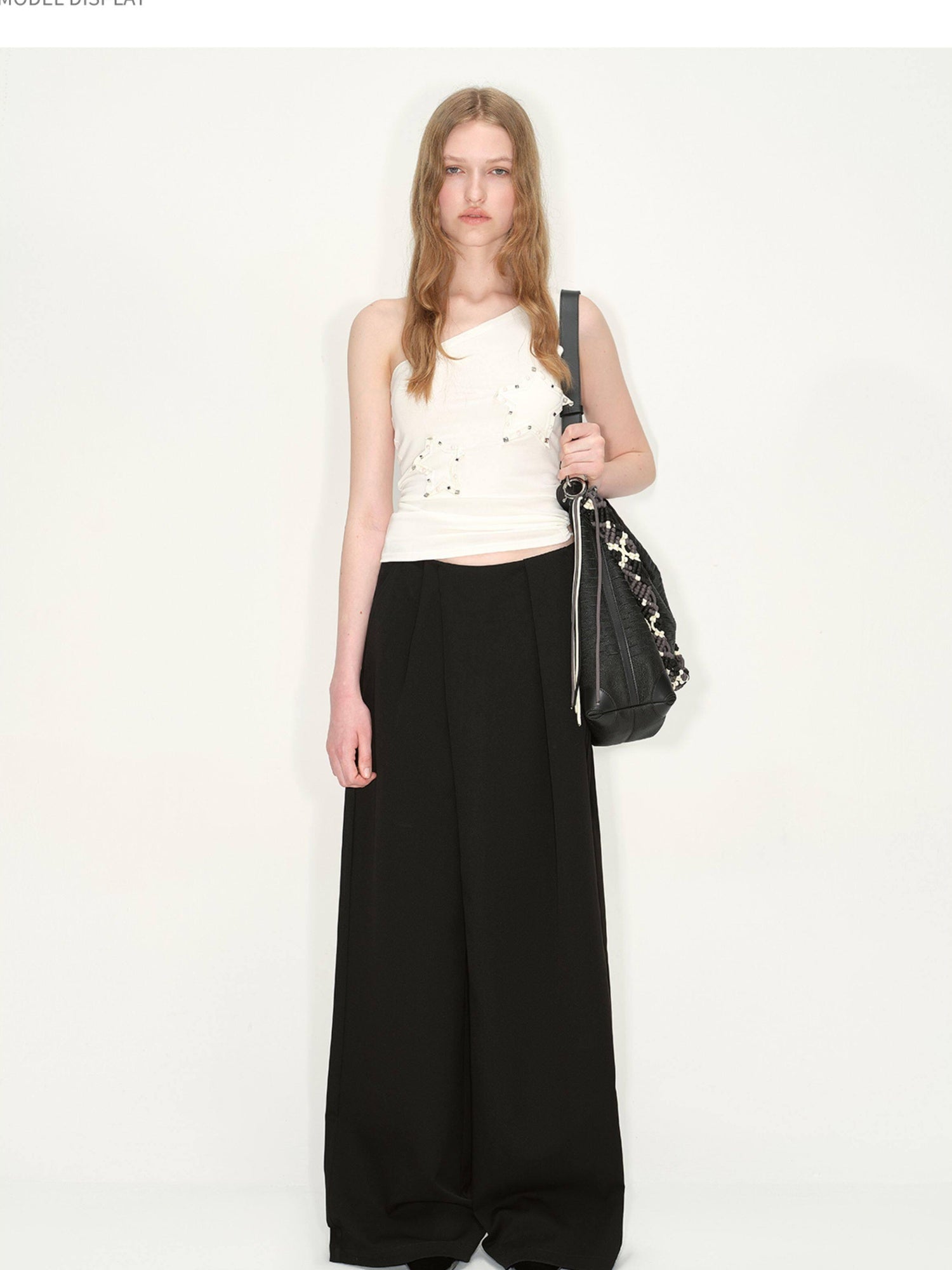 RUN TO THE FUTURE Original Minimal Low Rise Pocket Black Stretch Rayon Blend Women Wide-Leg Pants