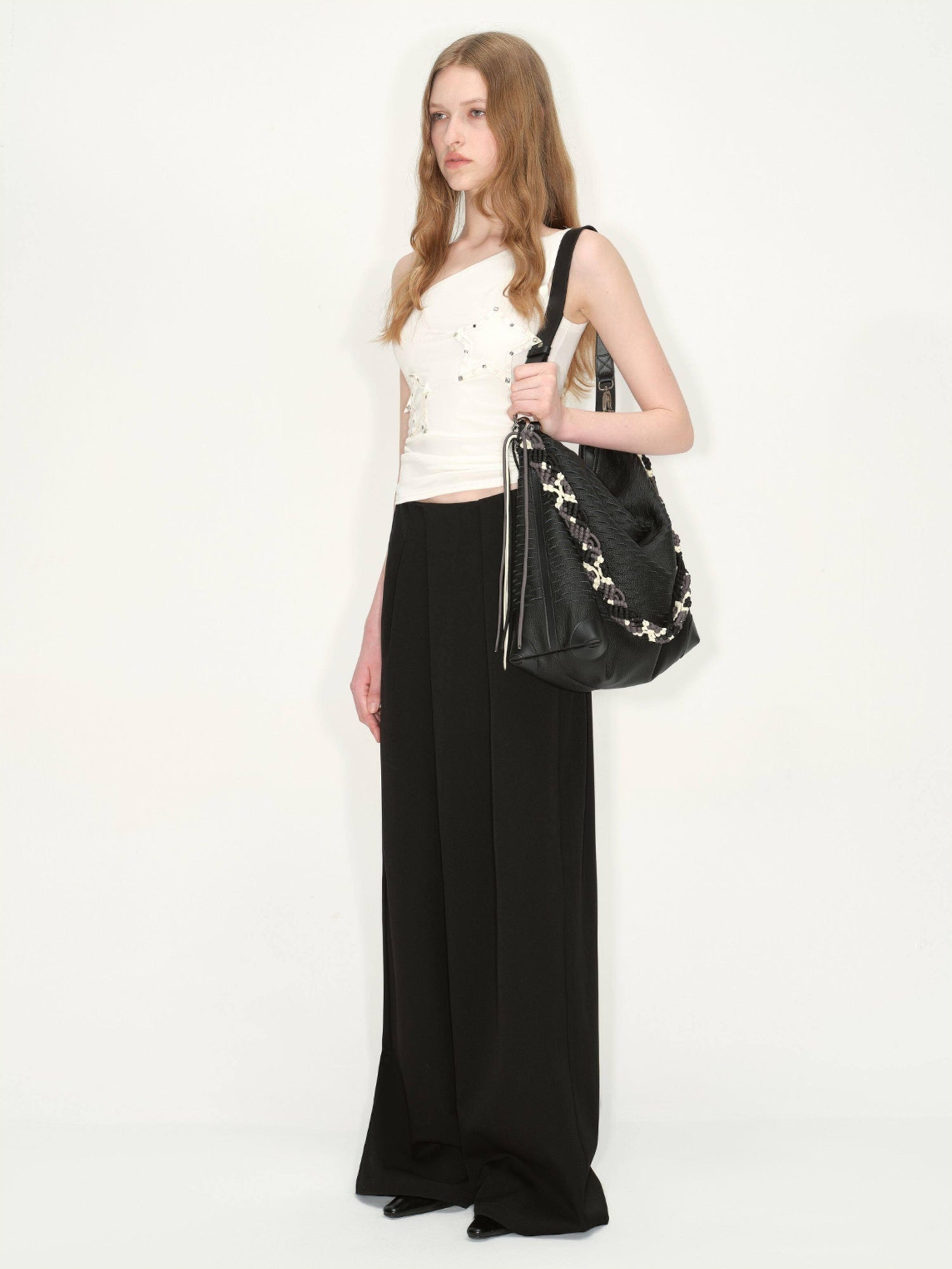 RUN TO THE FUTURE Original Minimal Low Rise Pocket Black Stretch Rayon Blend Women Wide-Leg Pants