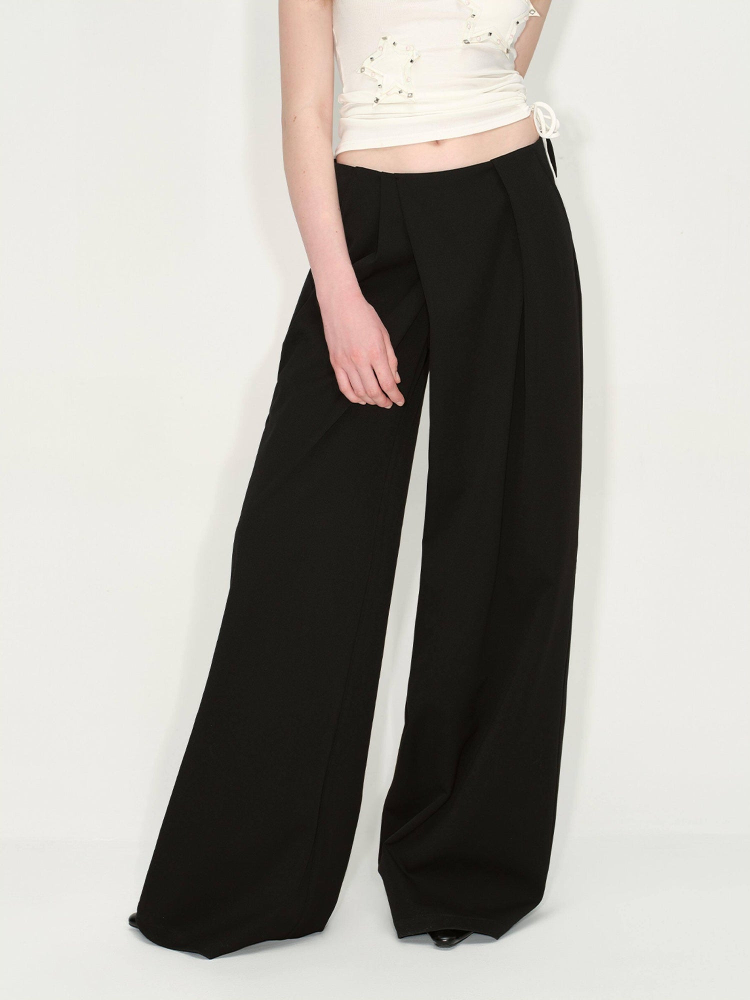 RUN TO THE FUTURE Original Minimal Low Rise Pocket Black Stretch Rayon Blend Women Wide-Leg Pants